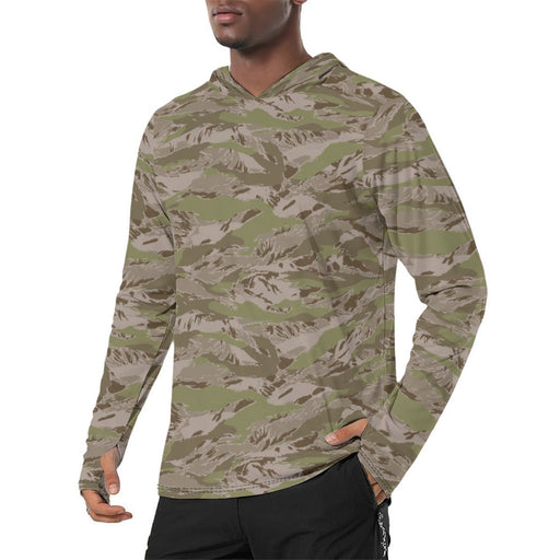Tiger Stripe Multi-Terrain Arid CAMO Mens Sunscreen Sports Hoodie With Thumb Holes - S / White