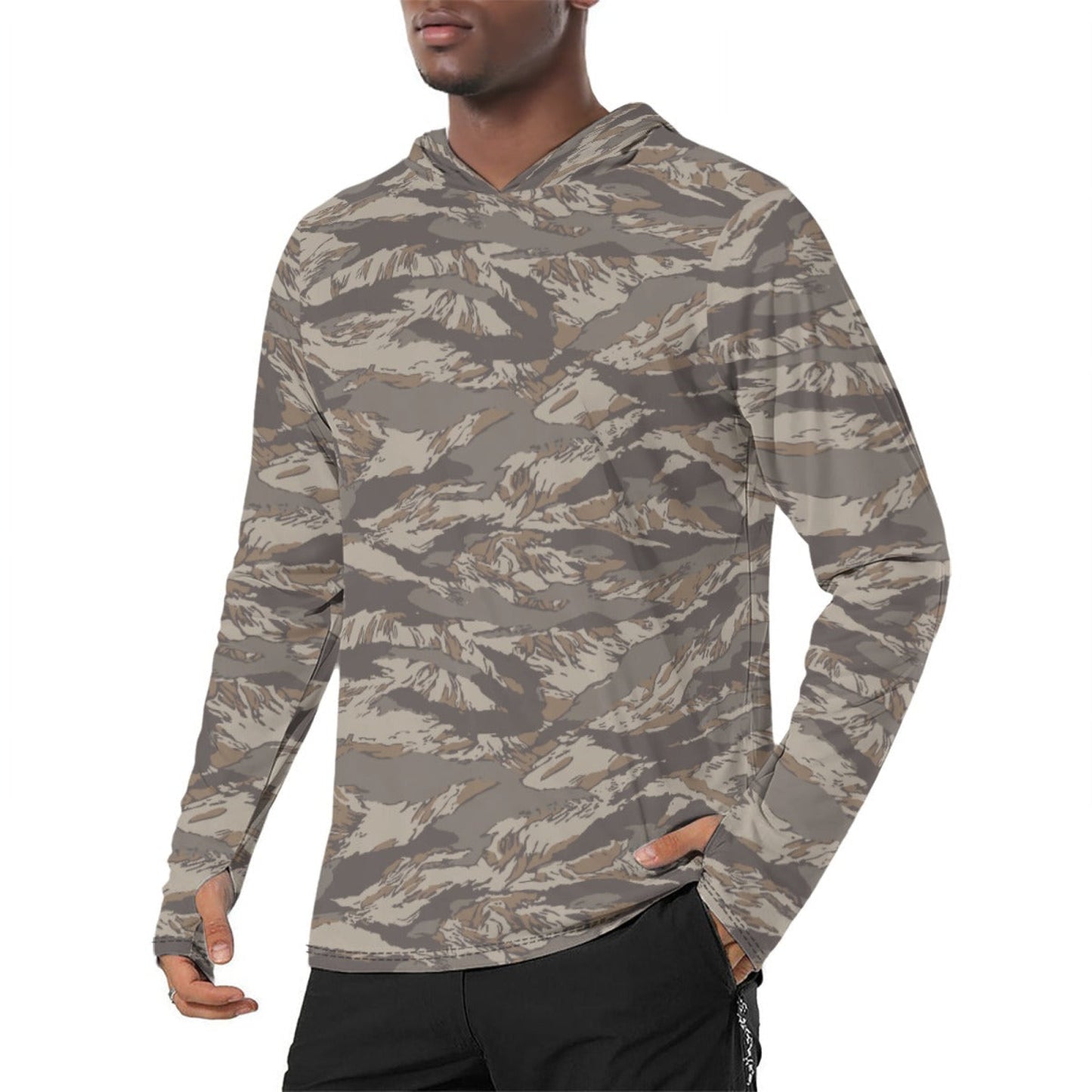 American Tiger Stripe Multi-Terrain Urban Rubble CAMO Mens Sunscreen Sports Hoodie With Thumb Holes - S / White