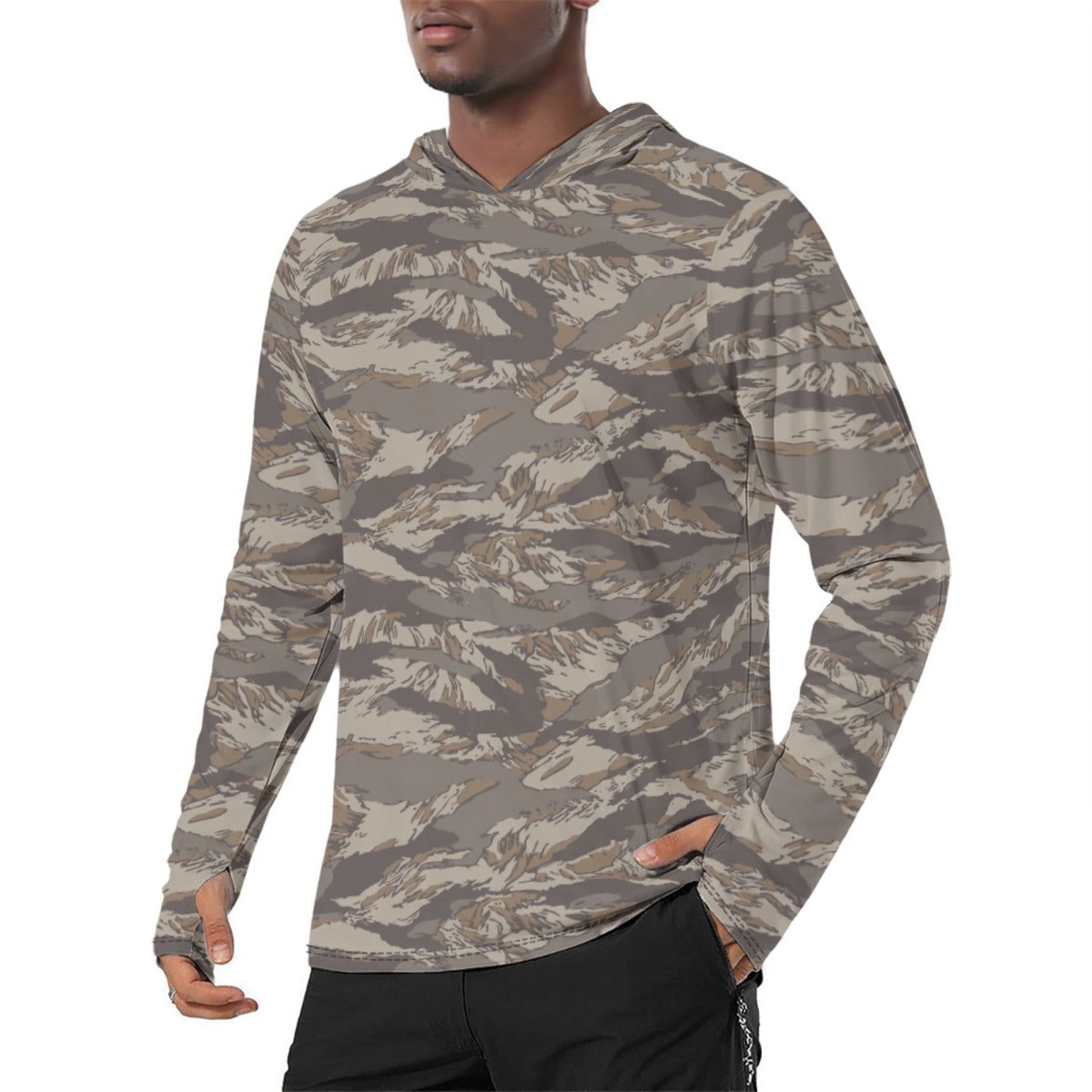 American Tiger Stripe Multi-Terrain Urban Rubble CAMO Mens Sunscreen Sports Hoodie With Thumb Holes - S / White