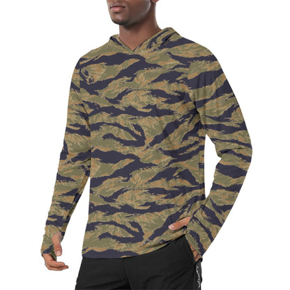 American Tiger Stripe Special Forces Advisor Gold CAMO Mens Sunscreen Sports Hoodie With Thumb Holes - L / White - Hoodies