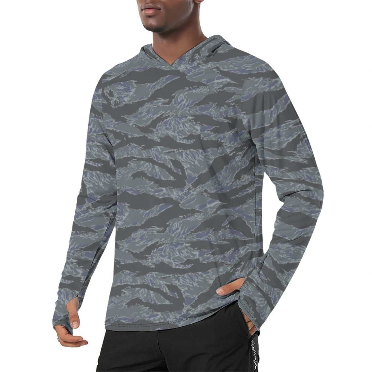 American Tiger Stripe Urban Ghost CAMO Mens Sunscreen Sports Hoodie With Thumb Holes