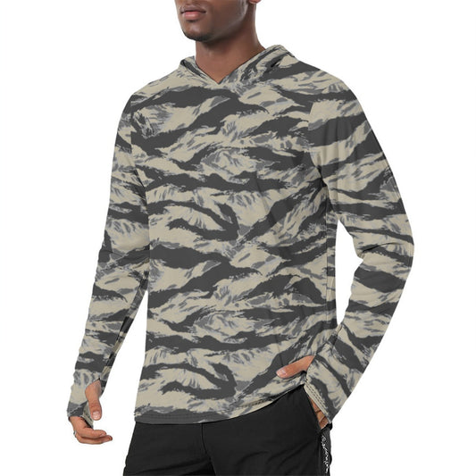 American Tiger Stripe Urban Rubble CAMO Mens Sunscreen Sports Hoodie With Thumb Holes - S / White