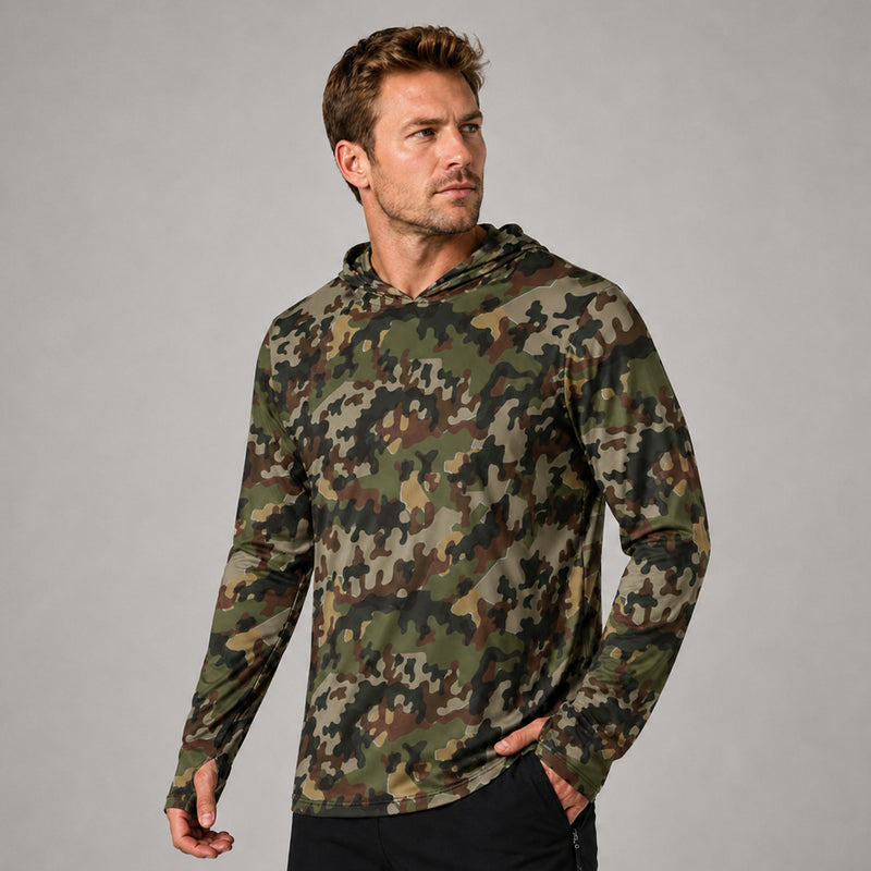 Amoeba Alpine Fleck Heritage CAMO Mens Sunscreen Sports Hoodie With Thumb Holes - S / White