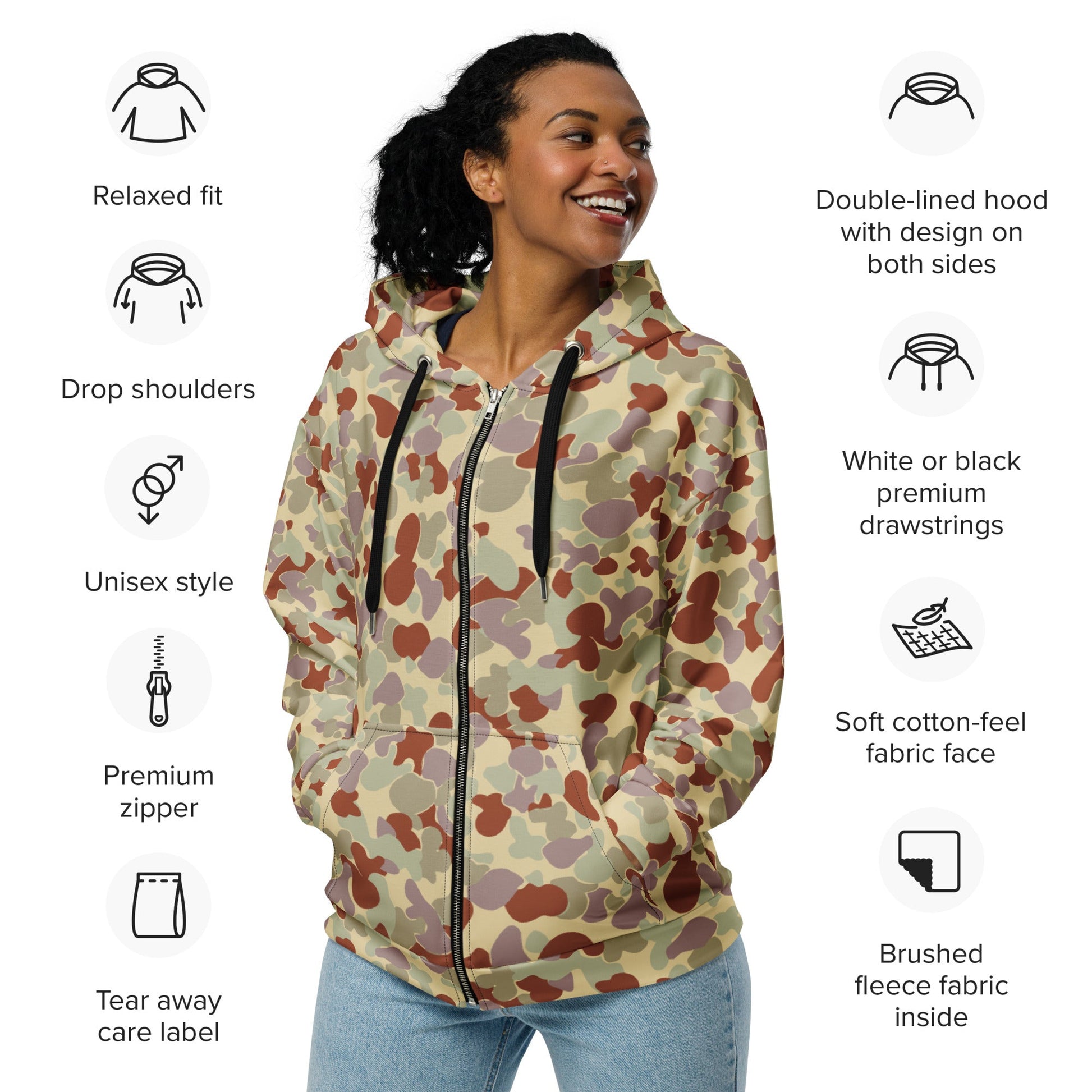 Australian AUSCAM Disruptive Pattern Desert Uniform (DPDU) MK2 CAMO Unisex zip hoodie - Zip Hoodies