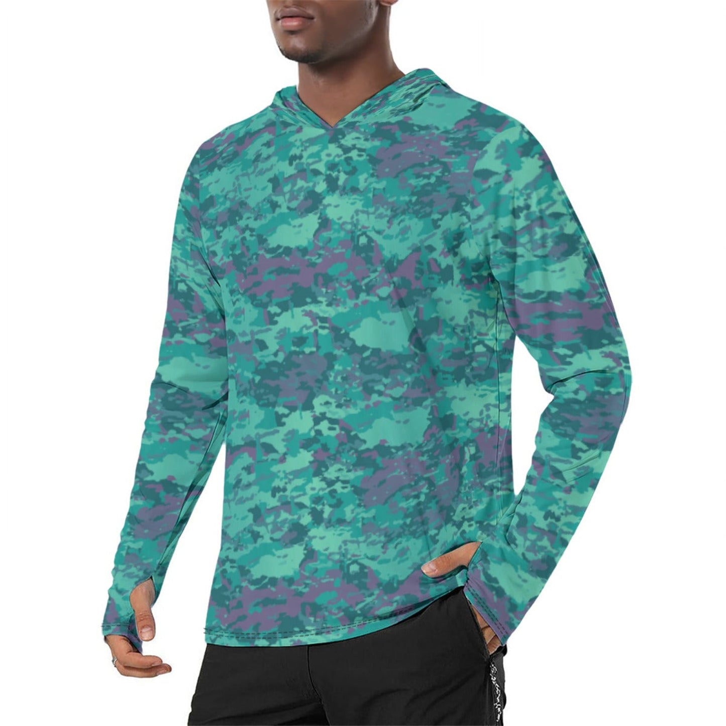 Baja Blast CAMO Mens Sunscreen Sports Hoodie With Thumb Holes - S / White