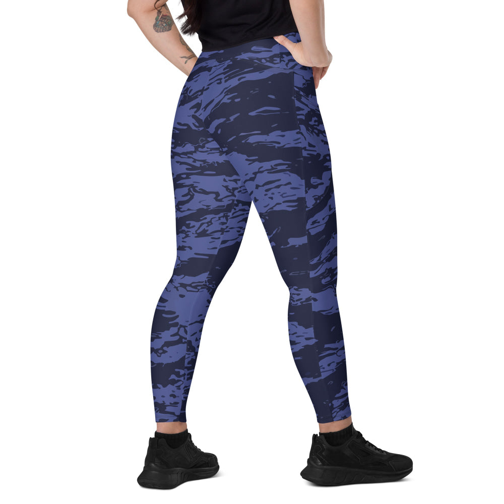 Black OPS Blue Tiger Stripe CAMO Leggings with pockets - 2XS - Womens With Pockets