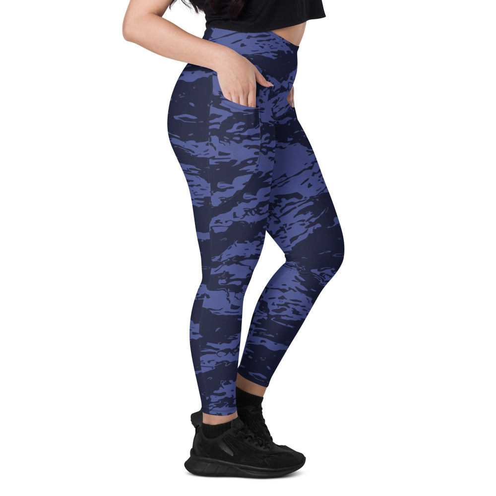 Black OPS Blue Tiger Stripe CAMO Leggings with pockets - Womens With Pockets