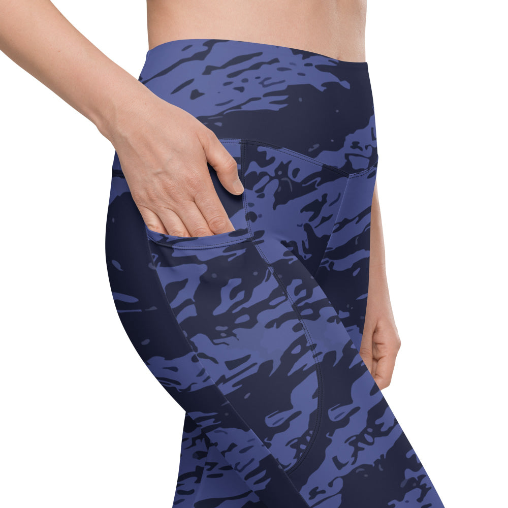 Black OPS Blue Tiger Stripe CAMO Leggings with pockets - Womens With Pockets