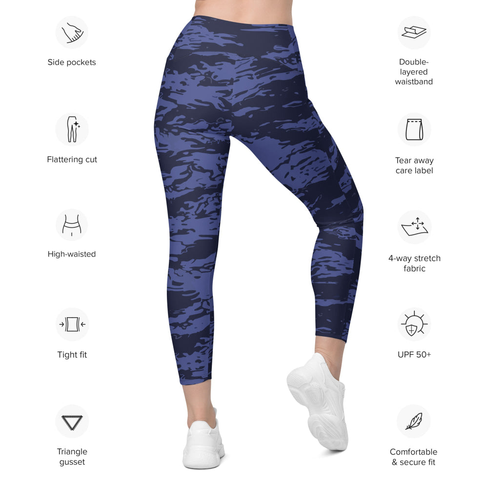 Black OPS Blue Tiger Stripe CAMO Leggings with pockets - Womens With Pockets