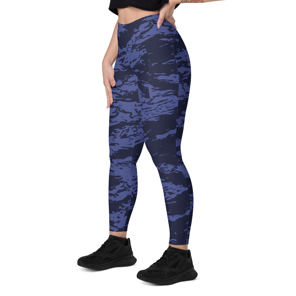 Black OPS Blue Tiger Stripe CAMO Leggings with pockets - Womens With Pockets