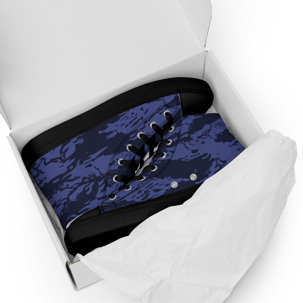 Black OPS Blue Tiger Stripe CAMO Men’s high top canvas shoes - Mens High Top Canvas Shoes