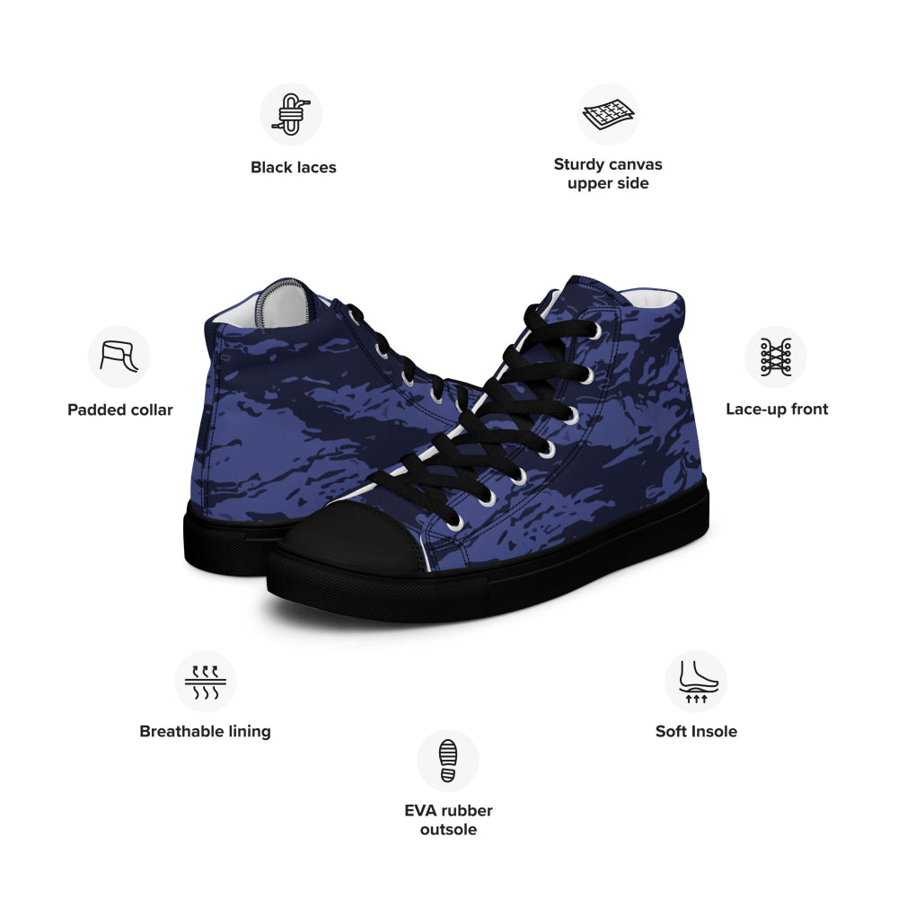 Black OPS Blue Tiger Stripe CAMO Men’s high top canvas shoes - Mens High Top Canvas Shoes