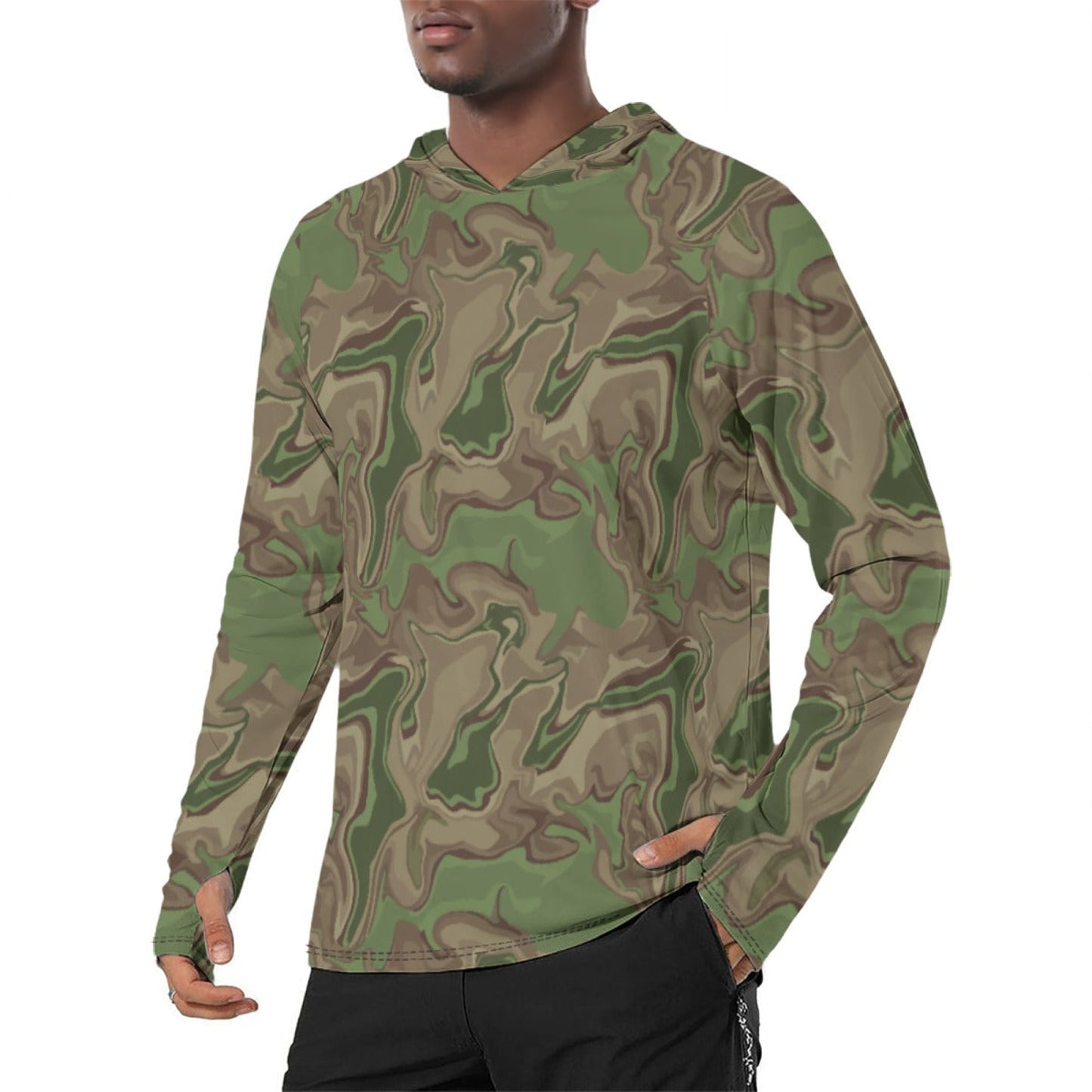 Black OPS Sludgeflow Morphic CAMO Mens Sunscreen Sports Hoodie With Thumb Holes