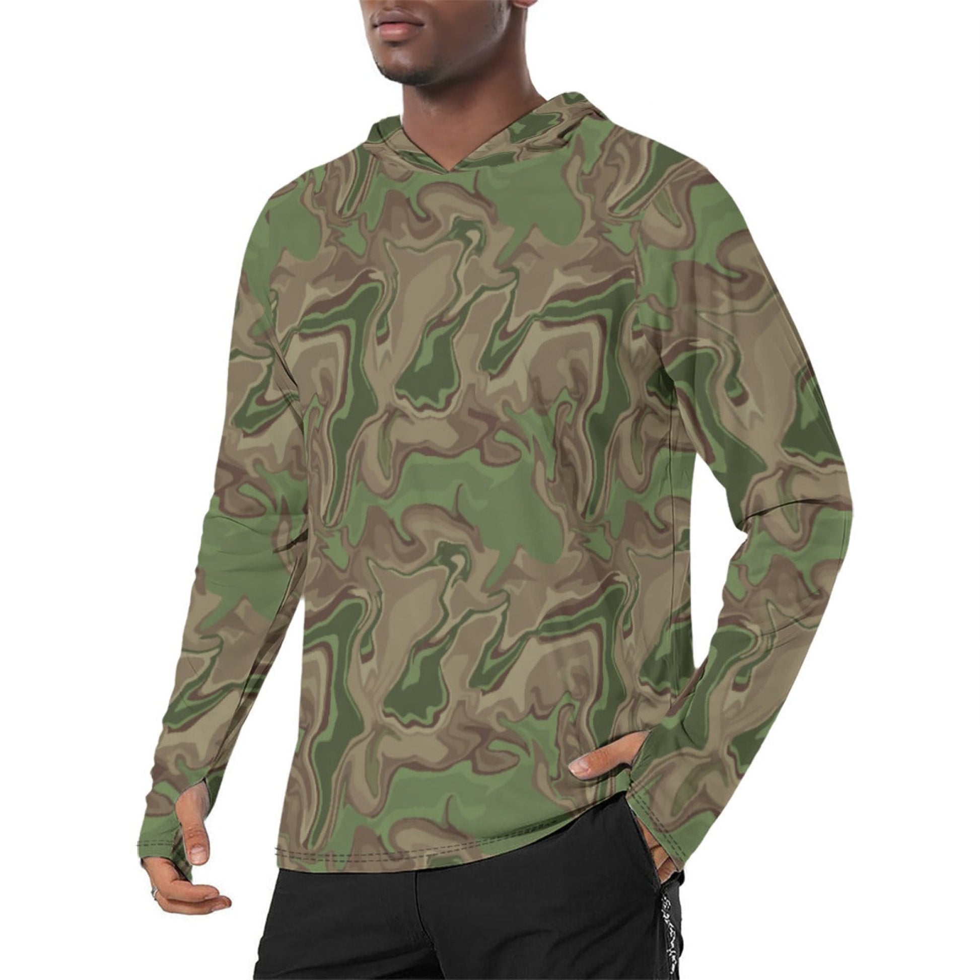 Black OPS Sludgeflow Morphic CAMO Mens Sunscreen Sports Hoodie With Thumb Holes