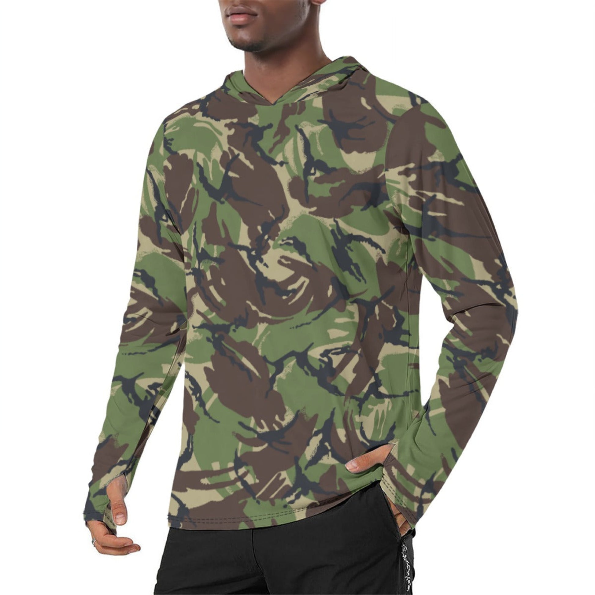 British DPM Woodland CAMO Mens Sunscreen Sports Hoodie With Thumb Holes - S / White - Hoodies