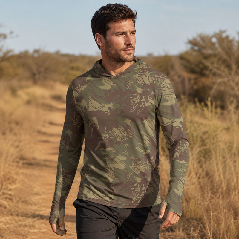 Brushstroke Rhodesian CAMO Mens Sunscreen Sports Hoodie With Thumb Holes