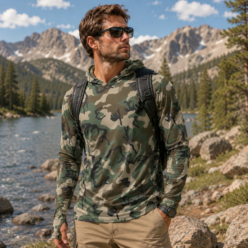 Classic M81 Woodland CAMO Mens Sunscreen Sports Hoodie With Thumb Holes - S / White