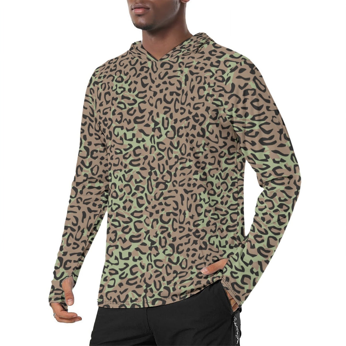 Congo (Zaire) Leopard Spot CAMO Mens Sunscreen Sports Hoodie With Thumb Holes - S / White