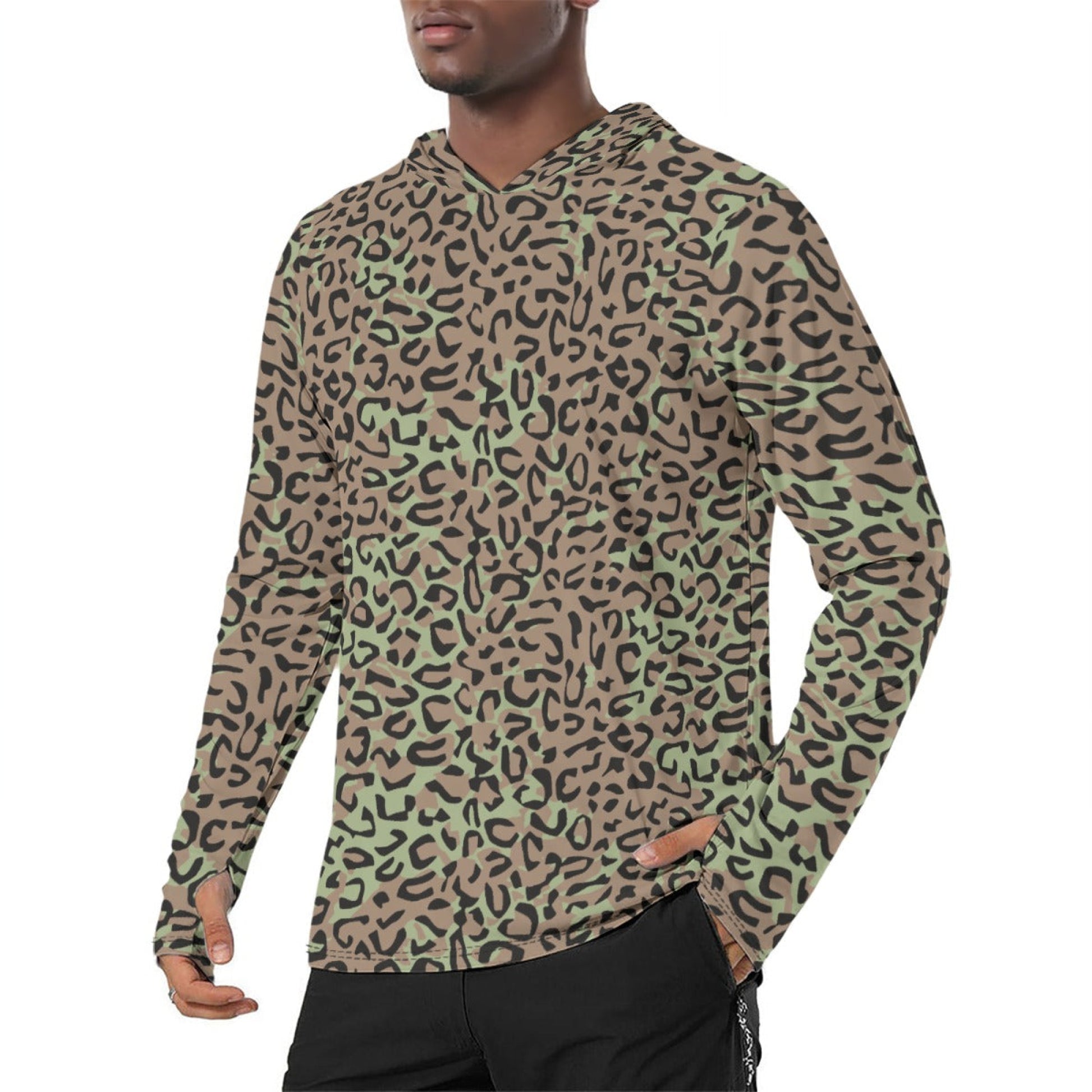 Congo (Zaire) Leopard Spot CAMO Mens Sunscreen Sports Hoodie With Thumb Holes - S / White