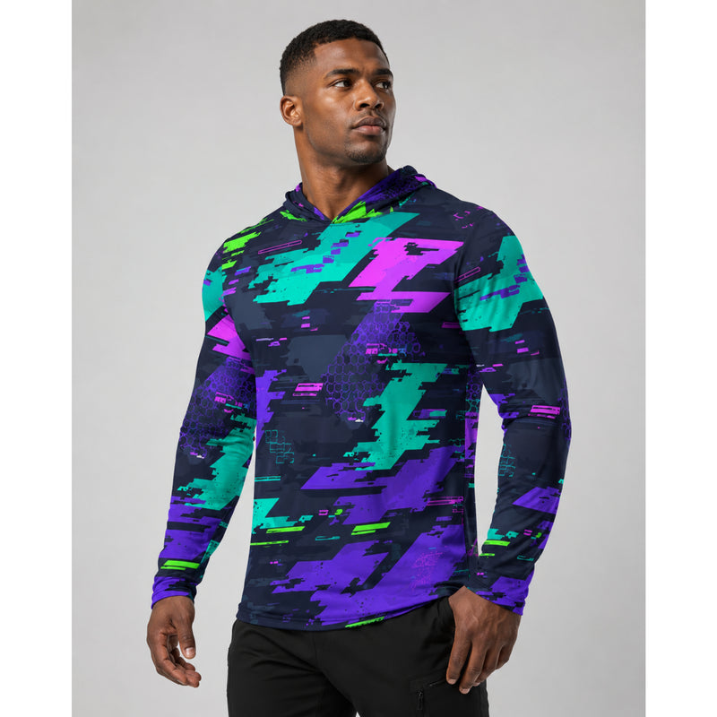 Cyberveil Iridescent Glitch CAMO Mens Sunscreen Sports Hoodie With Thumb Holes - S / White