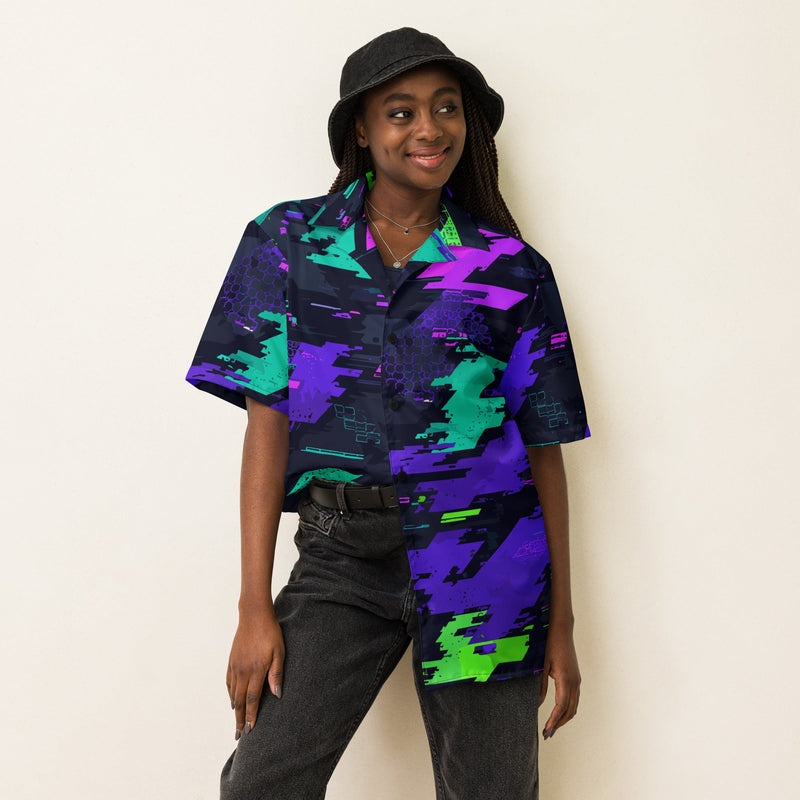 Cyberveil Iridescent Glitch CAMO Unisex Short-Sleeve Button Shirt - Button-Up
