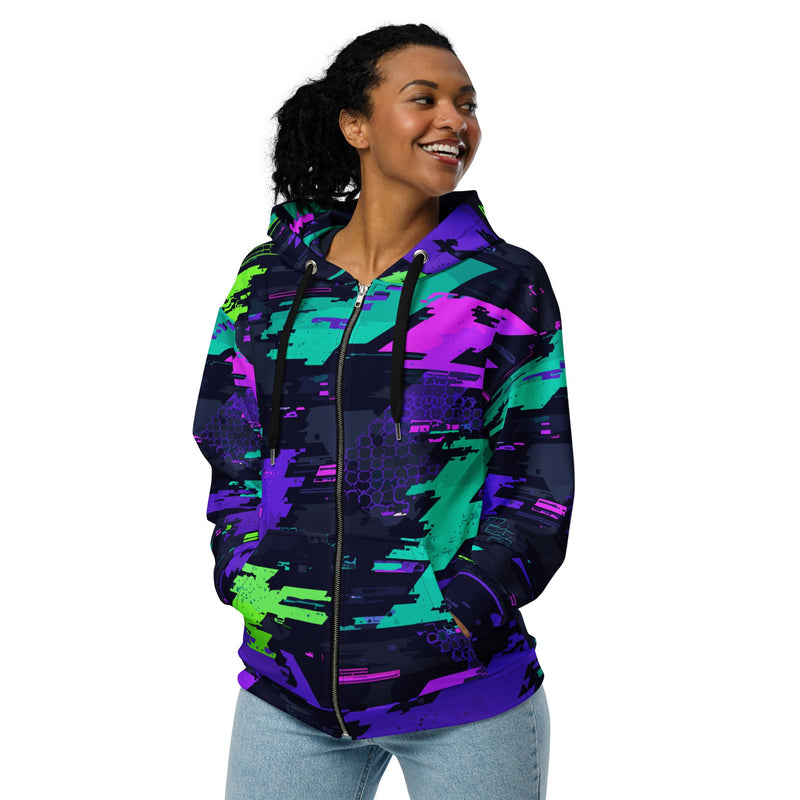 Cyberveil Iridescent Glitch CAMO Unisex Zip Hoodie