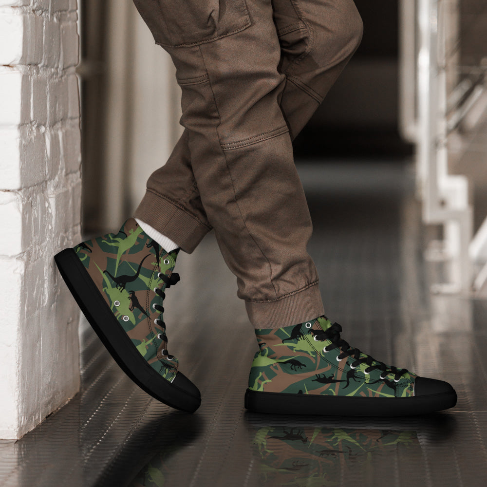 Dinosaur CAMO Men’s high top canvas shoes - Black / 5 - Mens High Top Canvas Shoes