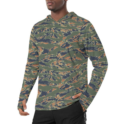 Equador Tiger Stripe Orange CAMO Mens Sunscreen Sports Hoodie With Thumb Holes - S / White