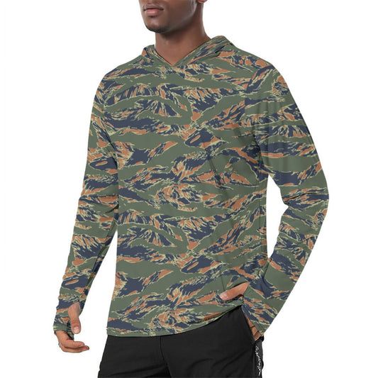 Equador Tiger Stripe Orange CAMO Mens Sunscreen Sports Hoodie With Thumb Holes - S / White