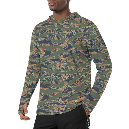 Tiger Stripe Volcanic Ember CAMO Mens Sunscreen Sports Hoodie With Thumb Holes - S / White