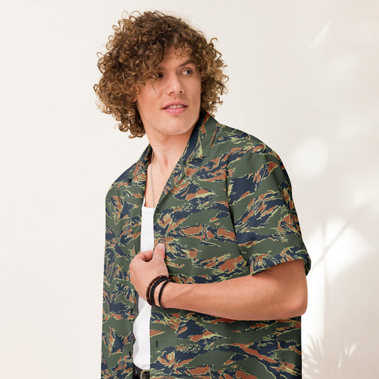 Equador Tiger Stripe Orange CAMO Unisex Short-Sleeve Button Shirt - 2XS
