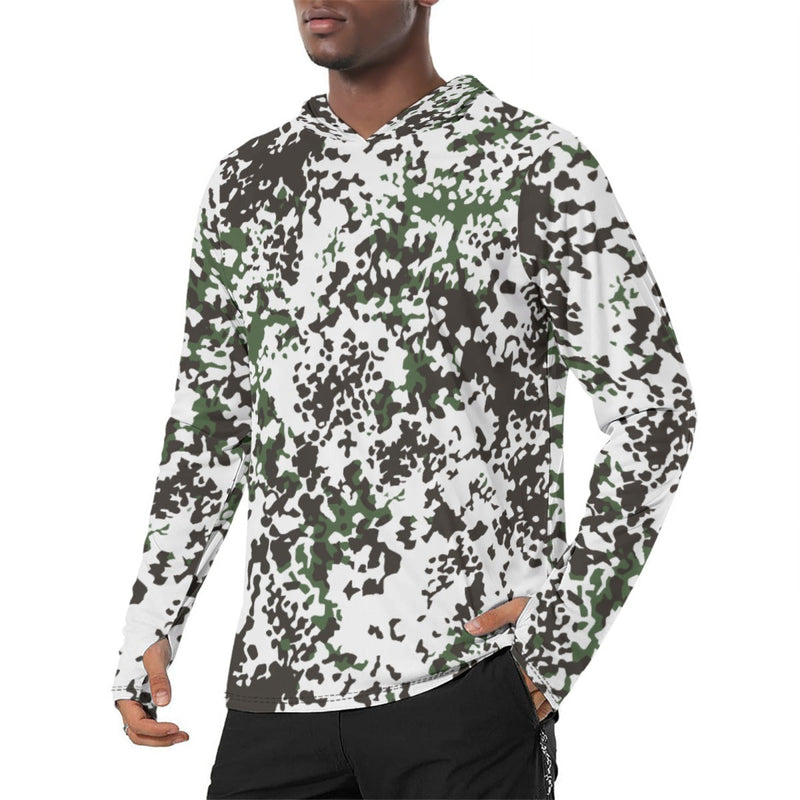 Flecktarn Scandinavian Snow CAMO Mens Sunscreen Sports Hoodie With Thumb Holes - S / White