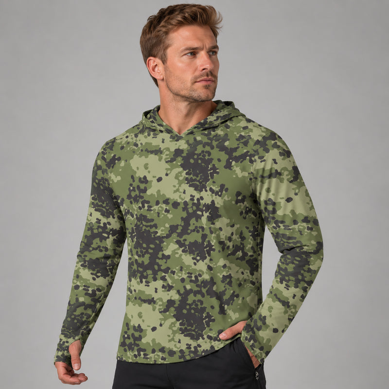 Flecktarn Scandinavian Woodland CAMO Mens Sunscreen Sports Hoodie With Thumb Holes - S / White