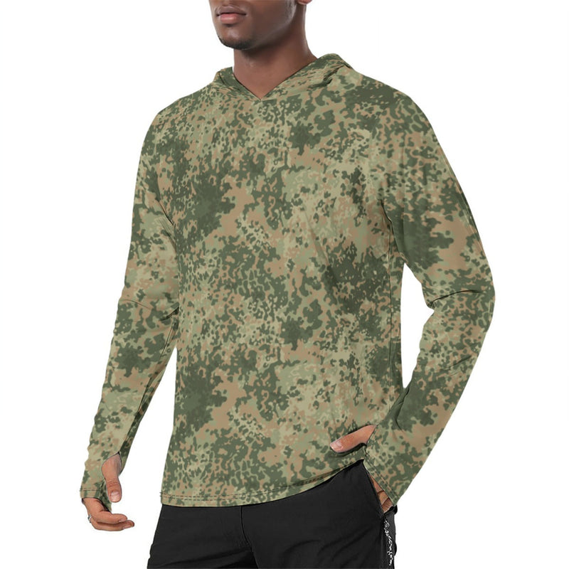 Fractal Mosaic Multi-Terrain CAMO Mens Sunscreen Sports Hoodie With Thumb Holes - S / White