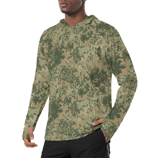 Fractal Mosaic Multi-Terrain CAMO Mens Sunscreen Sports Hoodie With Thumb Holes - S / White
