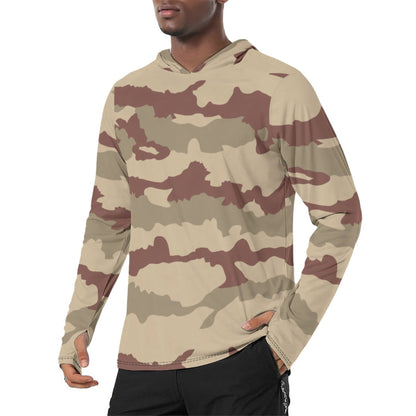 French Daguet Desert CAMO Mens Sunscreen Sports Hoodie With Thumb Holes - S / White