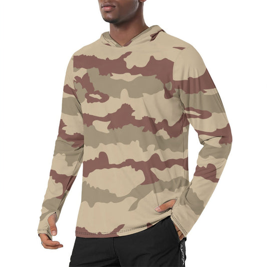 French Daguet Desert CAMO Mens Sunscreen Sports Hoodie With Thumb Holes - S / White