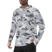 Frozen Tundra Topo CAMO Mens Sunscreen Sports Hoodie With Thumb Holes - S / White
