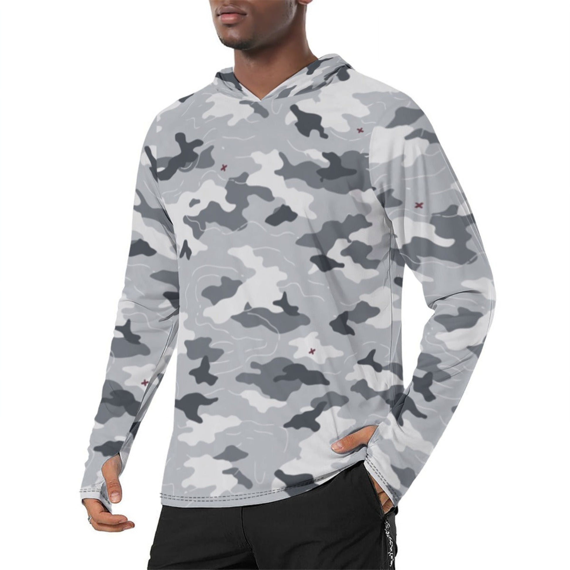 Frozen Tundra Topo CAMO Mens Sunscreen Sports Hoodie With Thumb Holes - S / White