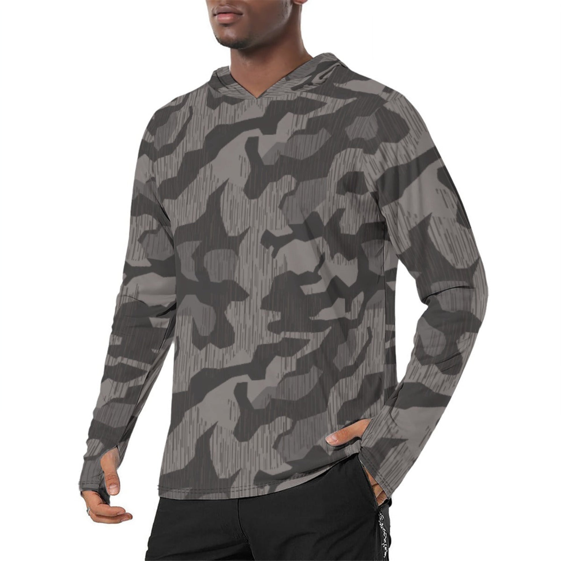 German Black Forest Splinter CAMO Mens Sunscreen Sports Hoodie With Thumb Holes - S / White