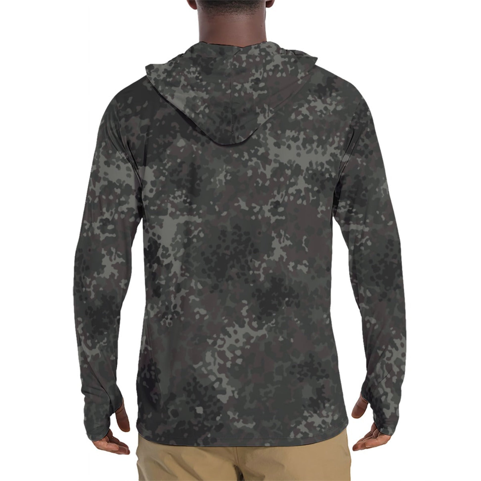 German Flecktarn Black CAMO Mens Sunscreen Sports Hoodie With Thumb Holes