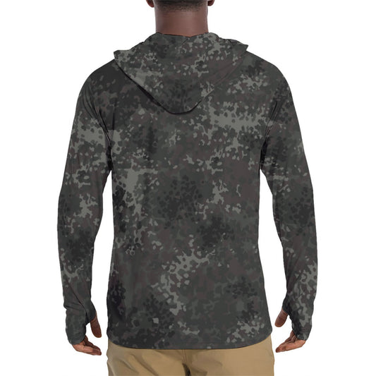 German Flecktarn Black CAMO Mens Sunscreen Sports Hoodie With Thumb Holes