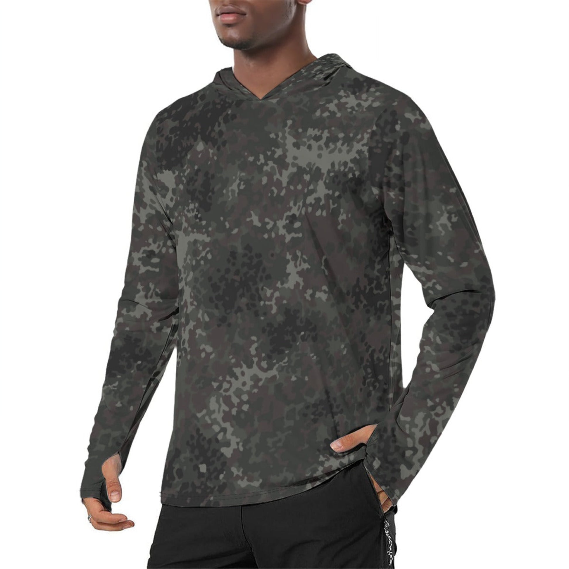 German Flecktarn Black CAMO Mens Sunscreen Sports Hoodie With Thumb Holes - S / White