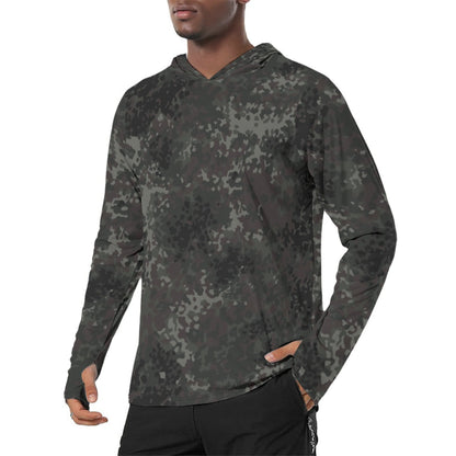 German Flecktarn Black CAMO Mens Sunscreen Sports Hoodie With Thumb Holes - S / White