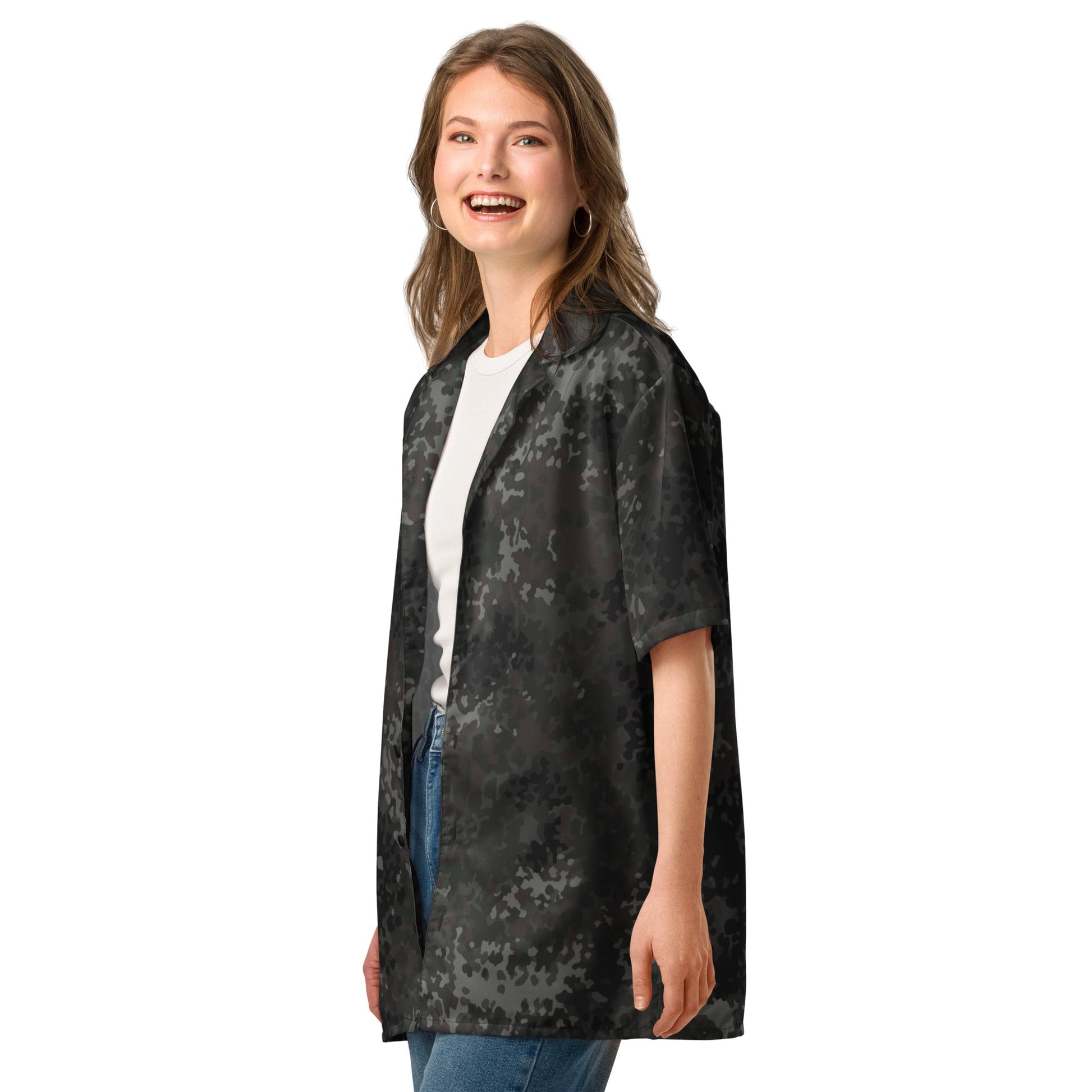 German Flecktarn Black CAMO Unisex Short-Sleeve Button Shirt