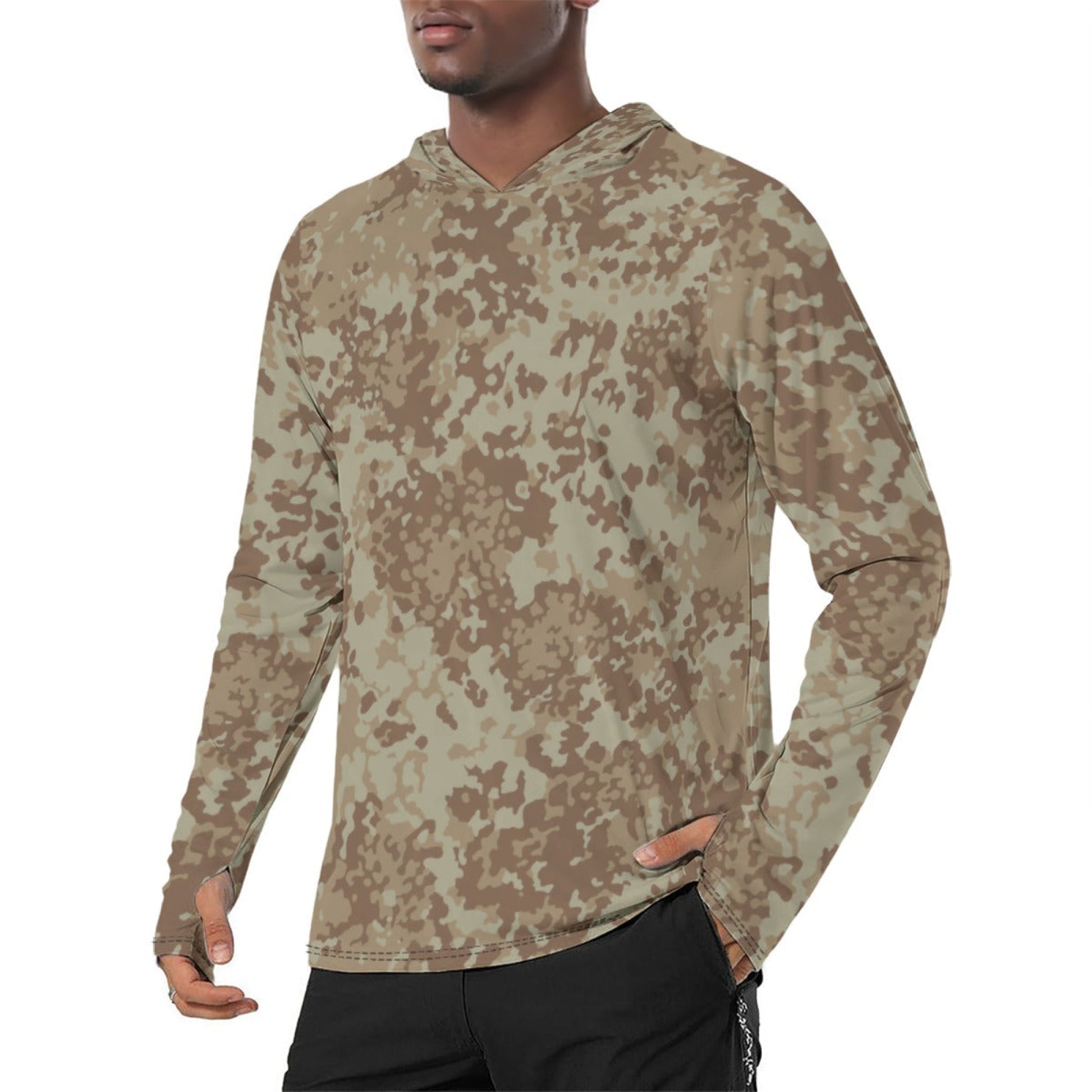German Flecktarn Desert CAMO Mens Sunscreen Sports Hoodie With Thumb Holes - S / White