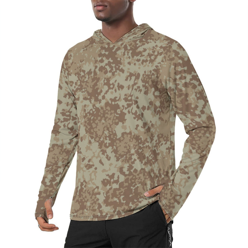 Flecktarn Bundeswehr Desert CAMO Mens Sunscreen Sports Hoodie With Thumb Holes - S / White