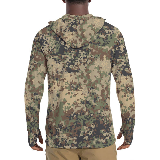 German Flecktarn Multi-terrain CAMO Mens Sunscreen Sports Hoodie With Thumb Holes