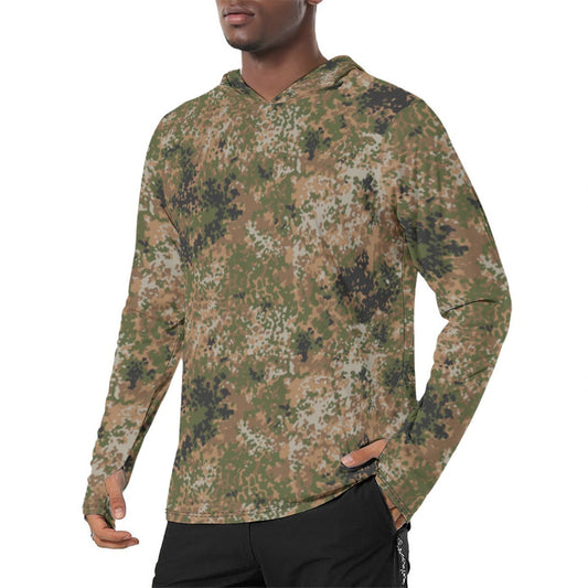 German Flecktarn Multi-terrain CAMO Mens Sunscreen Sports Hoodie With Thumb Holes