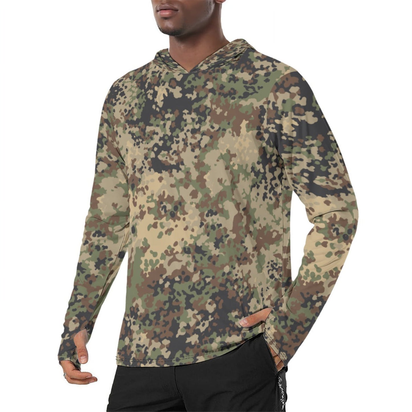 German Flecktarn Multi-terrain CAMO Mens Sunscreen Sports Hoodie With Thumb Holes - S / White